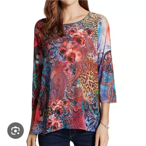 Chico’s White Mandala Crystal 3/4 Sleeve Top Size 3/XL Semi Sheer Animal Print - Picture 1 of 7